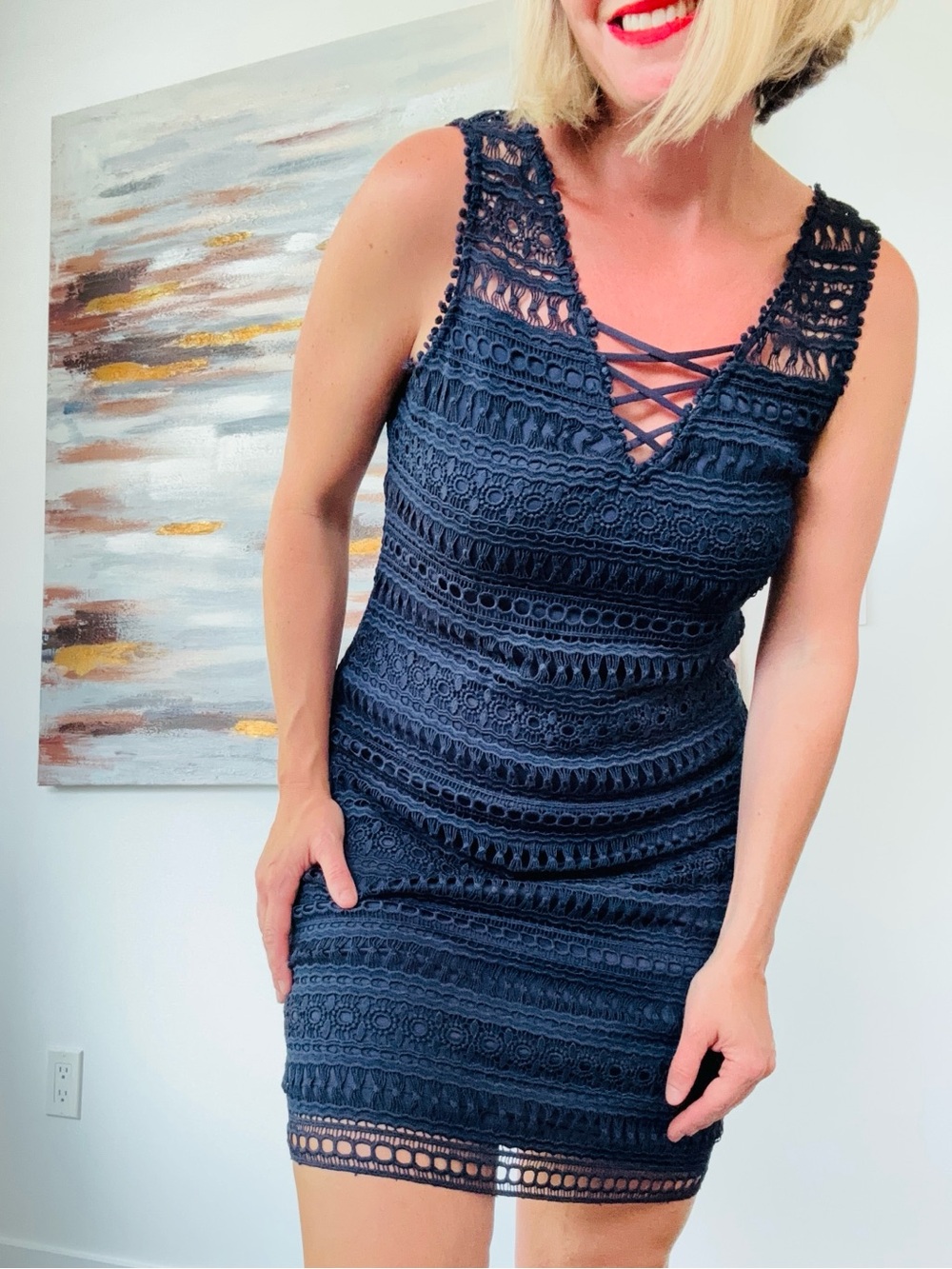 GUESS Navy Lace Overlay Dress Criss Cross V-Neck Size 10